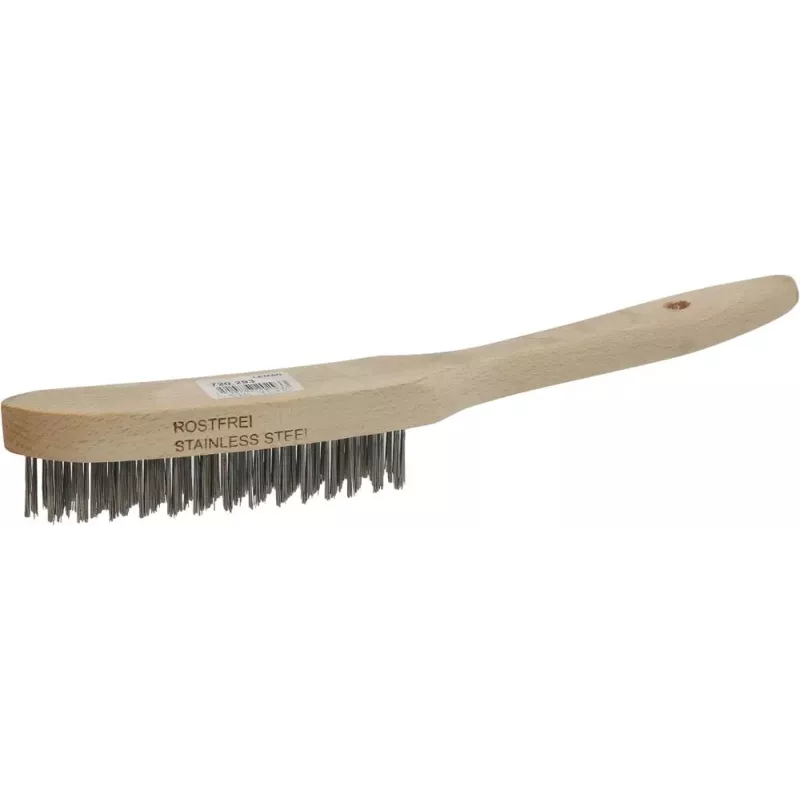 Brosse métallique fil acier inox 4 rangs 290mm avec manche bois incurvé