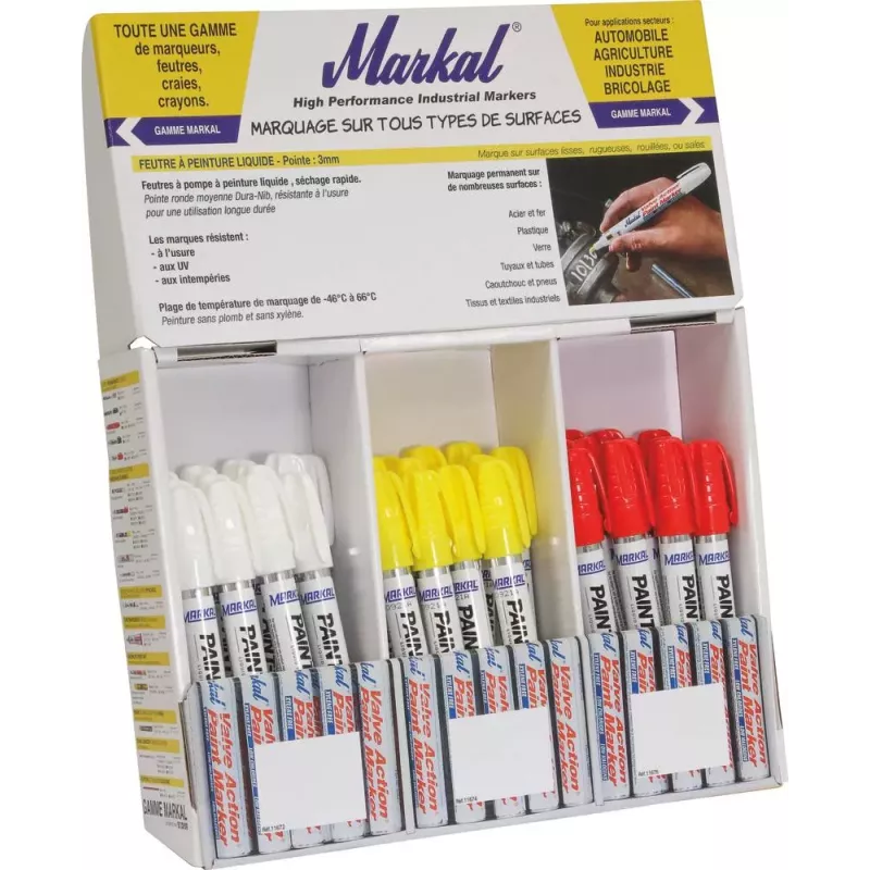 Feutre à peinture liquide permanent jaune/blanc/rouge surface propre - présentoir de 36 pcs